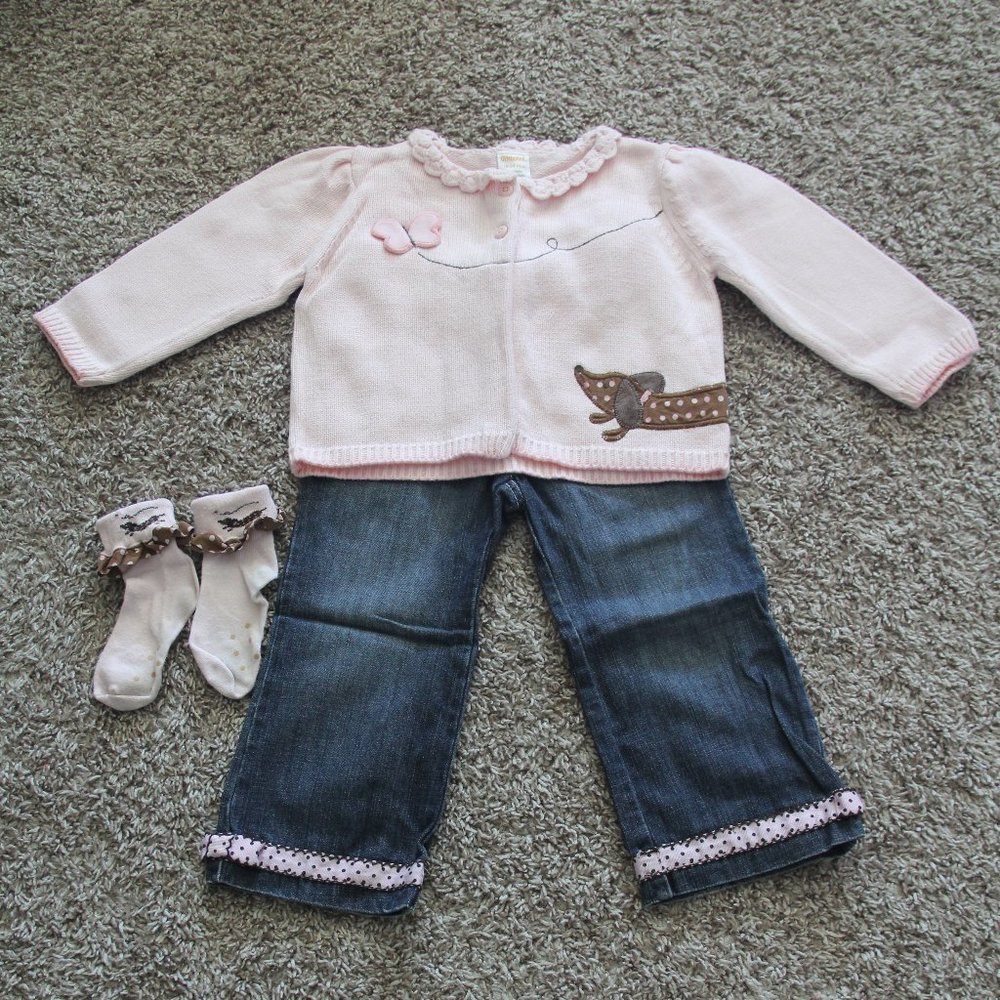 Gymboree Girls (3 Piece) Size 18-24 Months/2T Pink Hotdog Sweater Set - Used